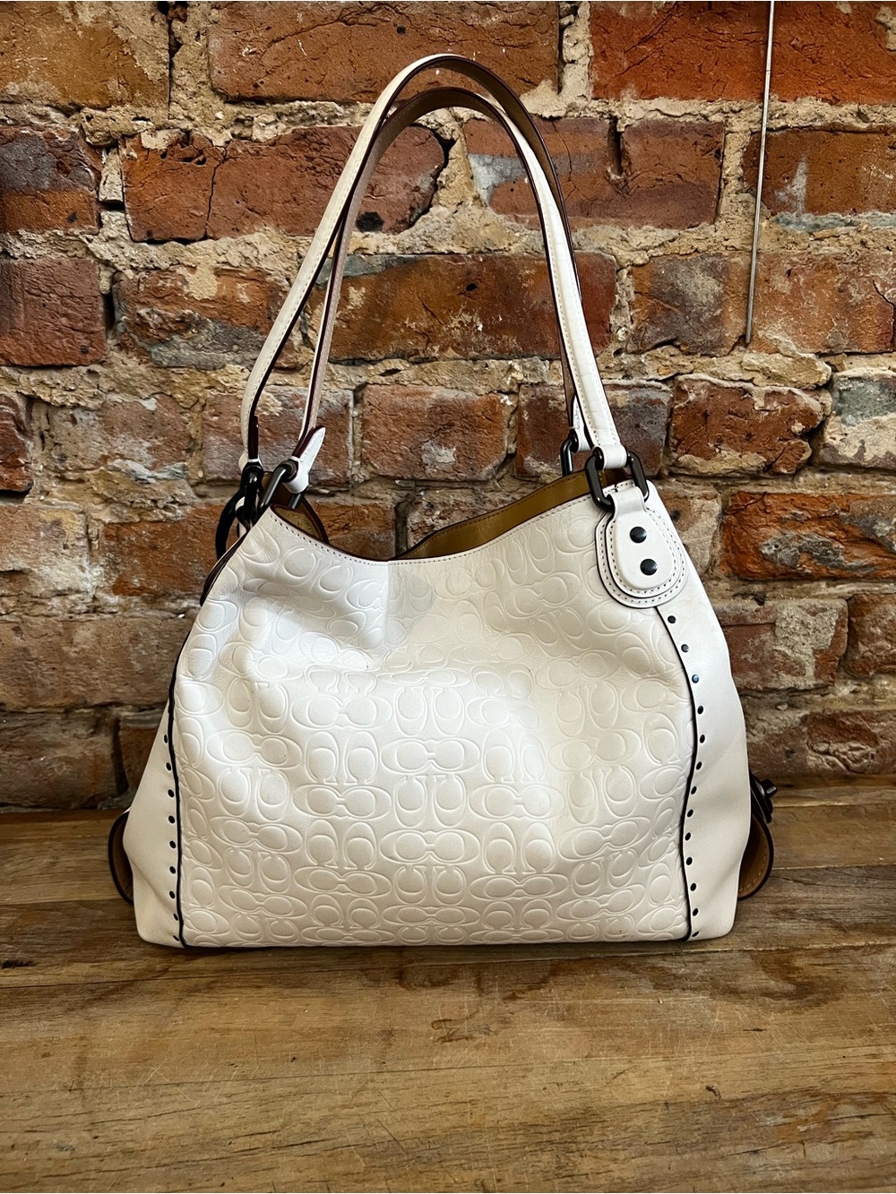 Coach Leather Shoulder Tote in Cream with Embossed Logo Pattern